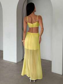 Aloruh Women's Solid Yellow 3D Floral Strap Dress, Spring/Summer - Yellow - View 3