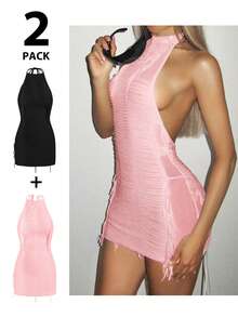 SHEIN ICON 2pcs Set Distressed Fringe Detail Mini Dress - Multicolor - View 8