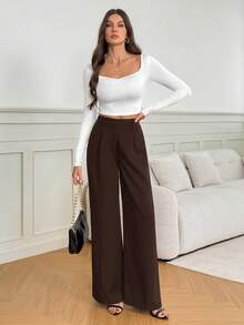 SHEIN Tall Quần ống rộng cạp cao màu trơn, kiểu dáng thường ngày, đa năng, phù hợp cho người cao, phong cách thu đông. - Rỉ Nâu - Xem 3