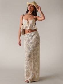 SHEIN BAE 杏色纹理钩编网纱提花半身裙，薄纱长裙，优雅半身裙，度假沙滩裙，夏季 - 杏色 - 查看 3