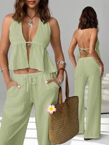SHEIN EZwear 春夏新款雪纺女士休闲度假沙滩套装，露背吊带上衣和斜插口袋阔腿裤两件套 - 青檸色 - 查看 1
