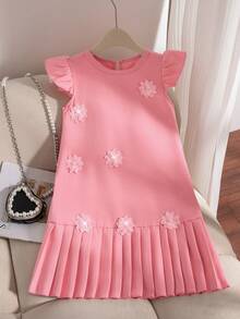 Elladie kids 1pc Girls' Summer Round Neck A-Line Dress With Ruffle Sleeves, Pleated Hem, Floral Decor, Minimalist Casual Vintage Style, Suitable For Daily Wear, Red Floral Applique Dress Flowerance Dress Girls Pleated Dress Kids Pink Elegant Dress Pink Dress Girls Pleated Dress Girls Ruffle Sleeve Dress Girls - Hot Pink - View 7