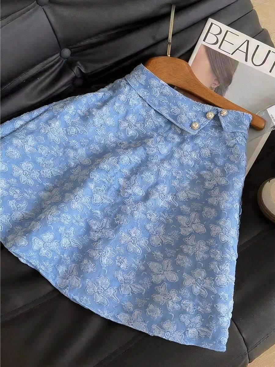 SHEIN 1件少女优雅花卉提花编织宽松弹力腰及膝半身裙,仿珍珠纽扣装饰,适合日常、派对、休闲穿着 - 藍色 - 查看 1