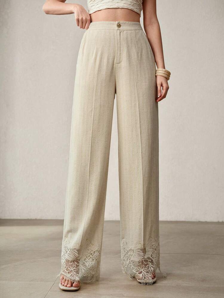 WOMEN'S STRAIGHT WAIST CONTRAST LACE KHAKI ELEGANT PANTS