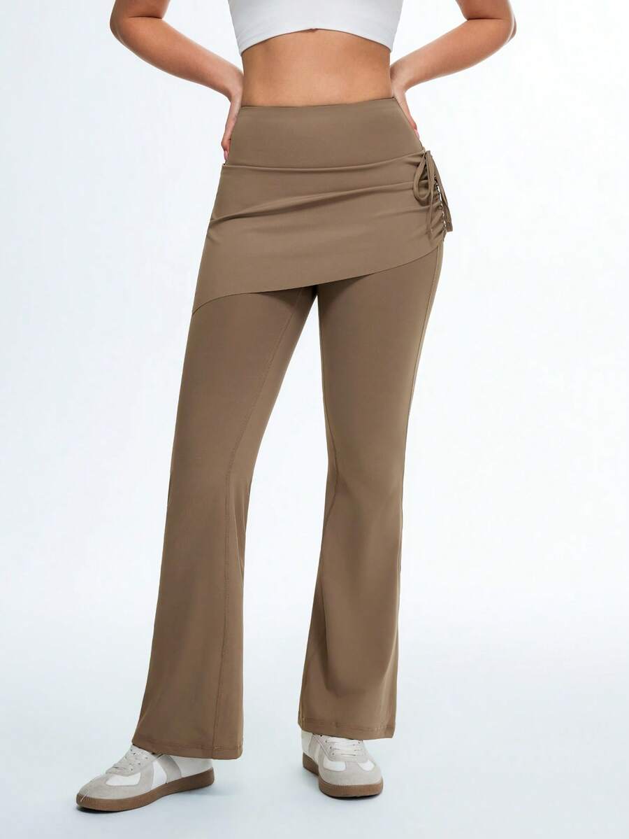 Eassivo High Waist Ruched Yoga Pants With Flared Hem - Chocolate Brown - View 1