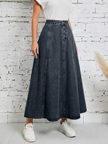 SHEIN Cottnline Casual Versatile Button-Up Women Denim Skirts - Dusty Blue - View 5