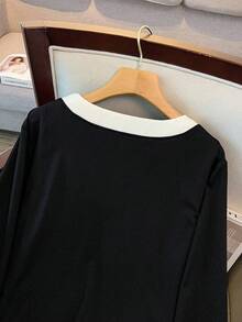 GlowEve CURVE 女士加大码撞色针织无袖长款连衣裙，侧开衩设计，搭配圆领开襟宽松长袖开衫，休闲、派对、舒适、百搭、优雅，适合日常、居家、工作等场合 - 两件套 - 黑色 - 查看 3