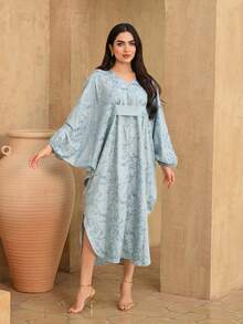 DAZY 女士优雅碎花V领宽松长连衣裙，春夏款 - 藍色 - 查看 4