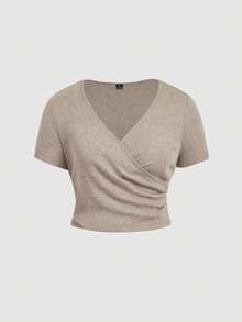 SHEIN MOD Plus Size Comfortable Set, Khaki Casual Brushed Ribbed Short Sleeve T-Shirt And Shorts Set, Spring/Summer Loungewear.Plus Size Taupe Ribbed Knit Two Piece Set Short Sleeve Top V Neck Wrap Front Drawstring Waist High Rise Shorts Soft Texture Lightweight Fabric Relaxed Fit Comfortable Wear Subtle Sheen Minimalist Style Elastic Waistband Casual Look Simple Design Gentle Stretch Summer Casual Outfit Woman Summer Outfit Set Shorts Outfit Set - Khaki - View 7