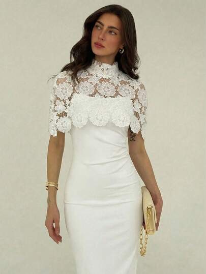 Aloruh Women's Solid Color Lace Patchwork Stand Collar Elegant Short Sleeve Dress