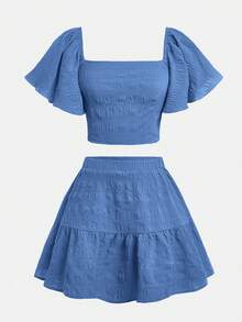 SHEIN Girlism Bộ đồ hai mảnh cho bé gái tuổi teen: váy chữ A tay bồng màu trơn có khóa kéo, thích hợp cho kỳ nghỉ hoặc đi chơi. - Màu xanh lam - Xem 4