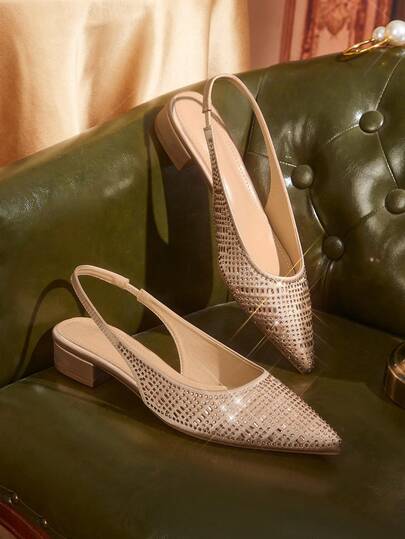 CUCCOO TILAWA Women Shoes Pointed Low Coarse Heel Apricot Full Diamond Fashion Gorgeous Banquet Party Women's Flat Shoes Back Strap Slingback Flat Women's Shoes