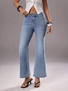 TRNVIE Celana Jeans Wanita Pinggang Tinggi Elastis dengan Potongan Mengembang - Light Wash - View 4