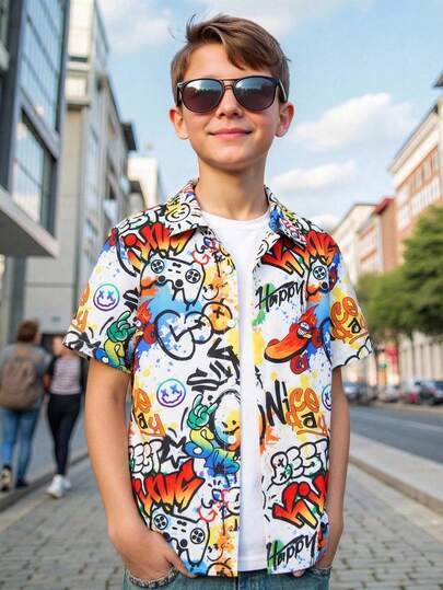 Tween Boy Letter & Number Allover Print Polo Collar Short Sleeve Shirt, Comfortable, Fashionable, Versatile, Soft, Suitable For Spring/Summer, Everyday Wear, Outdoor Play, School, Street Style, Party, And Leisure