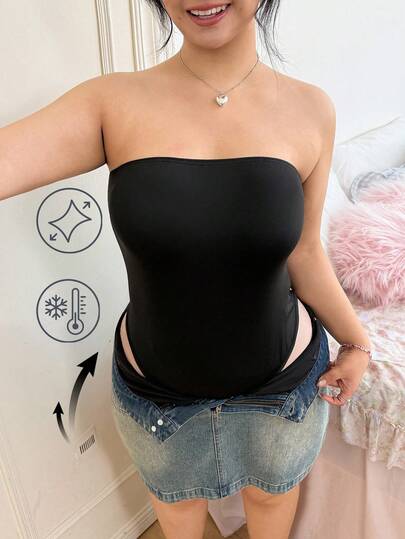 SHEIN EZwear Plus Size Solid Color Bandeau Bodysuit, Versatile & Casual, Spring/Summer,Cooling High-Elastic Strapless Casual Versatile Bodysuit