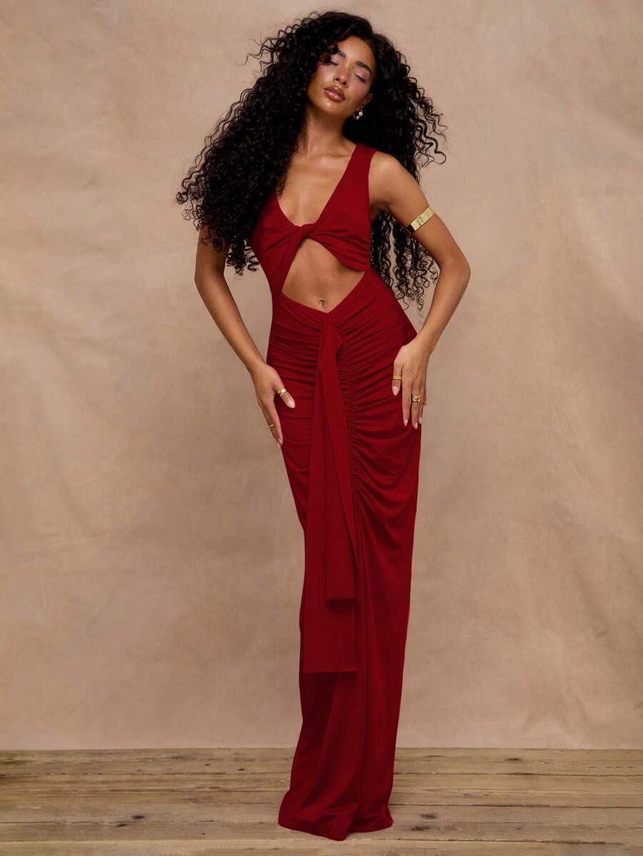 MUSERA 性感镂空褶皱垂坠长裙，适合假日、夏季、婚礼宾客、伊比沙岛海滩音乐节、秋季、夜间外出、婚礼宾客、优雅场合、生日派对、夜间外出、约会之夜、秋季、冬季派对。 - 紅色 - 查看 1