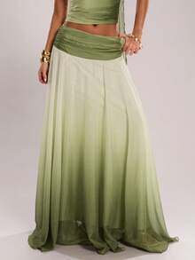 SHEIN BAE Women's Gradient Ruched Waist Skirt, Suitable For Beach Vacation, Gradient Green Skirt, Elegant Skirt - Mint Green - View 1