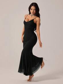 SHEIN PETITE 浪漫约会之夜派对吊带修身露背垂褶领口网纱长款连衣裙，酒红色 - 黑色 - 查看 6