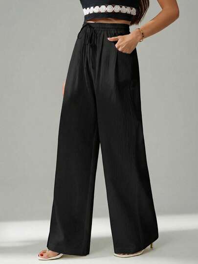 SHEIN Tall Women's Summer Simple Bohemian Resort Wear Casual Basic Everyday Wear Linen Comfortable Low Waist Loose Pants Autumn And Winter Home Comfort