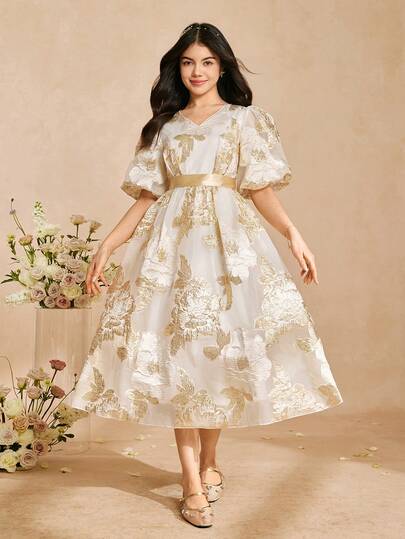 Đầm dự lễ tốt nghiệp/đám cưới thanh lịch cho bé gái, đầm dạ hội màu mơ bằng satin cổ chữ V tay cánh hoa vạt xòe rộng cho thiếu nữ và các bạn tuổi teen, đầm công chúa thời trang chân váy phồng cho bé gái đi học.