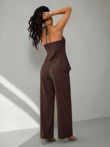 SHEIN PETITE Women's Solid Color Minimalist Sleeveless Top And Pants 2-Piece Set, Casual Daily Wear - Coffee Brown - View 3