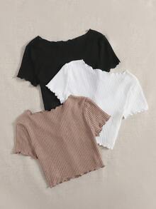 SHEIN EZwear 女款針織V領鈕扣荷葉邊下擺羅紋上衣 多件組 短袖 夏季日常居家休閒上衣 黑色 白色 鐵鏽色 灰紫色 - 卡其色 - 查看 2