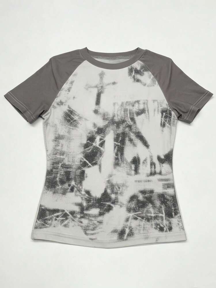 Lalippa Women's Top With Raglan Sleeves, Color-Blocked Design, Digital Print, Casual And Sexy Style, Y2K, And Casual Wear, A Great Gift For Her, A Holiday Gift, 2026 Spring/Summer New Women's Short-Sleeved Top. - Multicolor - View 3