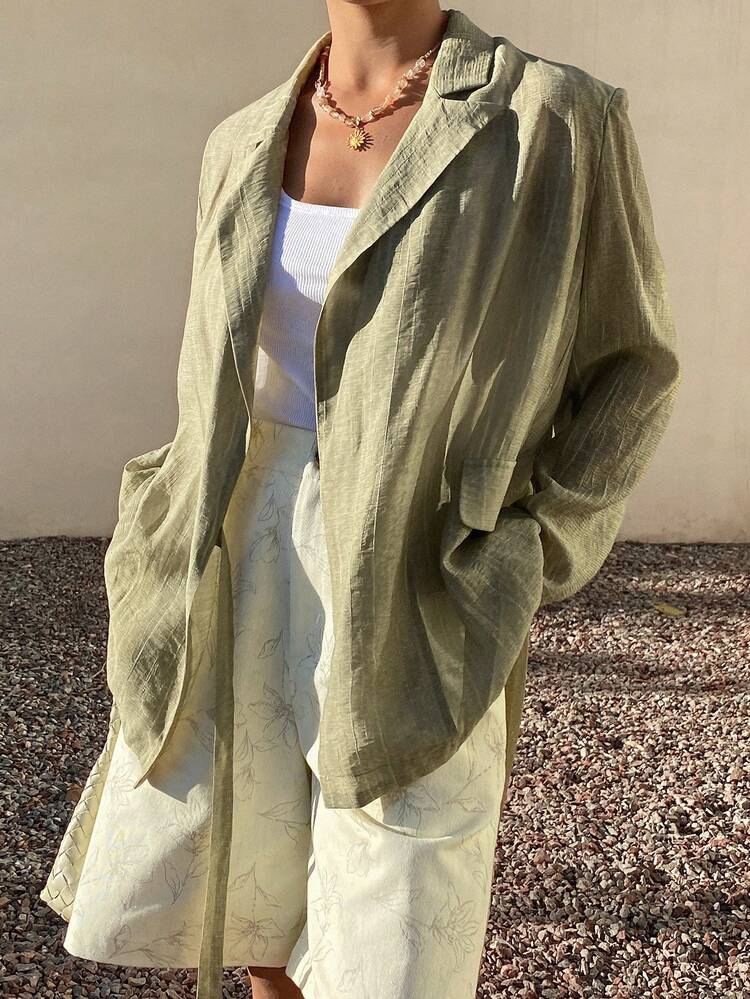 Women's Solid Color Loose Long Sleeve Lapel Oblique Placket Tie-Up Elegant Resort Thin Jacket, Spring/Summer