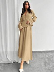 Firerie Bộ áo blazer và chân váy xòe màu trơn, tay dài, cổ chữ V, kiểu dáng tối giản. - màu nâu - Xem 3