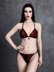 ROMWE 2026SS New Women's Red Floral Summer Goth Beach Party Swimwear Set,Elegant Vintage Black Lace & Red Gothic Bikini With Cross Charm,Bathing Suit - Multicolor - View 8