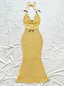 Soleia Women's Vacation Casual Backless Halter Knit Dress Crochet Maxi Dress Summer Maxi Dress Beach Maxi Dress Crochet Dress Vacation Dress In Fall/Winter - Light Yellow - View 5