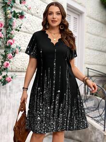 Miaspire Conjunto de primavera y verano para mujer de talla grande y modesto, con cuello en V, adornado con concha, manga corta, con estampado de falsos rhinestones, de longitud hasta la rodilla - Plateado - Ver 1