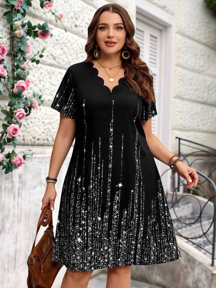 Plus Size Modest V-Neck Shell-Trimmed Short-Sleeved Faux Rhinestone Positioning Printed Knee-Length Spring Outfits For Women Summer Outfits For Women,Vacation
