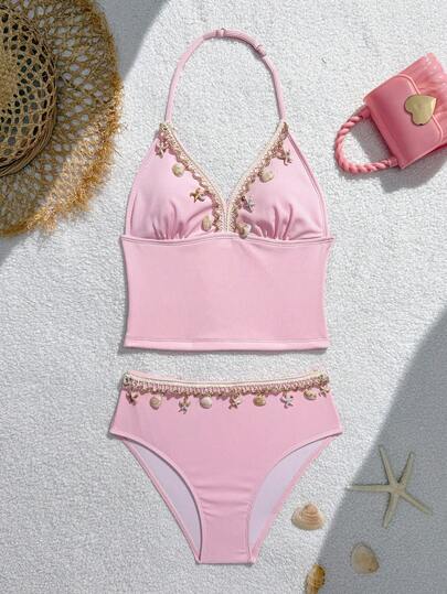SHEIN Tween Girls Tankinis - Adjustable Strappy Backless Bikini Top With Pink Ribbed Fabric, Shell And Star Decorations, Split Design, Ribbed Pink Fabric, Triangle Swim Shorts, Waist Decorations, Cute Star And Shell, Perfect For Beach Vacations, Pools, Summer Parties, Casual Summer Days, Beach And Seaside