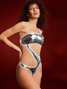 Silver Y2K PU Patchwork Hollow Out Asymmetrical Asymmetric Charming Women's Jumpsuit, Party Wear - Silver - View 4