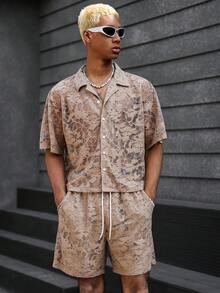 PAVTROS Men's Knitted Jacquard Loose Drop Shoulder Short Sleeve Shirt And Shorts Set, Youthful Street Style - Khaki - View 4