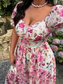 Lyrianda Plus Size Elegant Floral Print Cutout Dress, Spring/Summer - Multicolor - View 5