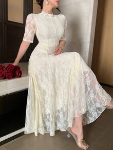 DAZY Women's Elegant Textured Lace Round Neck Long Dress, Suitable For Spring & Summer - Beige - View 1