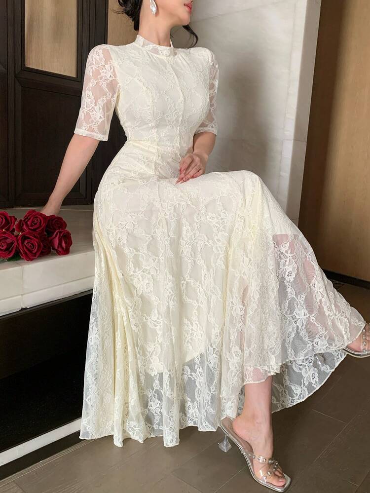 Women's Elegant Textured Lace Round Neck Long Dress, Suitable For Spring & Summer