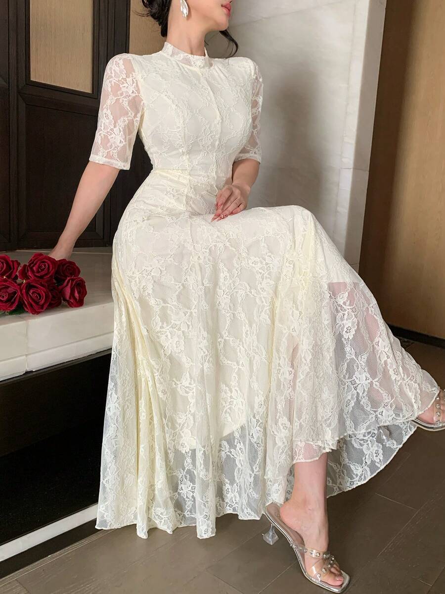 DAZY Women's Elegant Textured Lace Round Neck Long Dress, Suitable For Spring & Summer - Beige - View 1