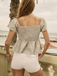 Aralina Women's Plaid Check Flutter Sleeve Ruched Back Square Neck Summer Baby Doll Peplum Top Cute Valentines Day Going Out Holiday Vacation Y2K Stockholm Style - Black and White - View 2