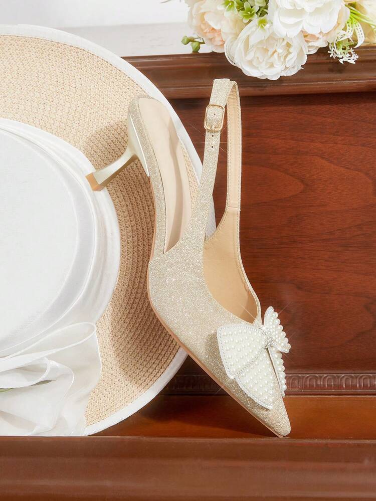 CUCCOO HITCHD Pointed Toe Pearl Bow Decor Women's High Heel Pumps, Elegant Solid Color Party Heels Elegant Shoes Wedding Shoes
