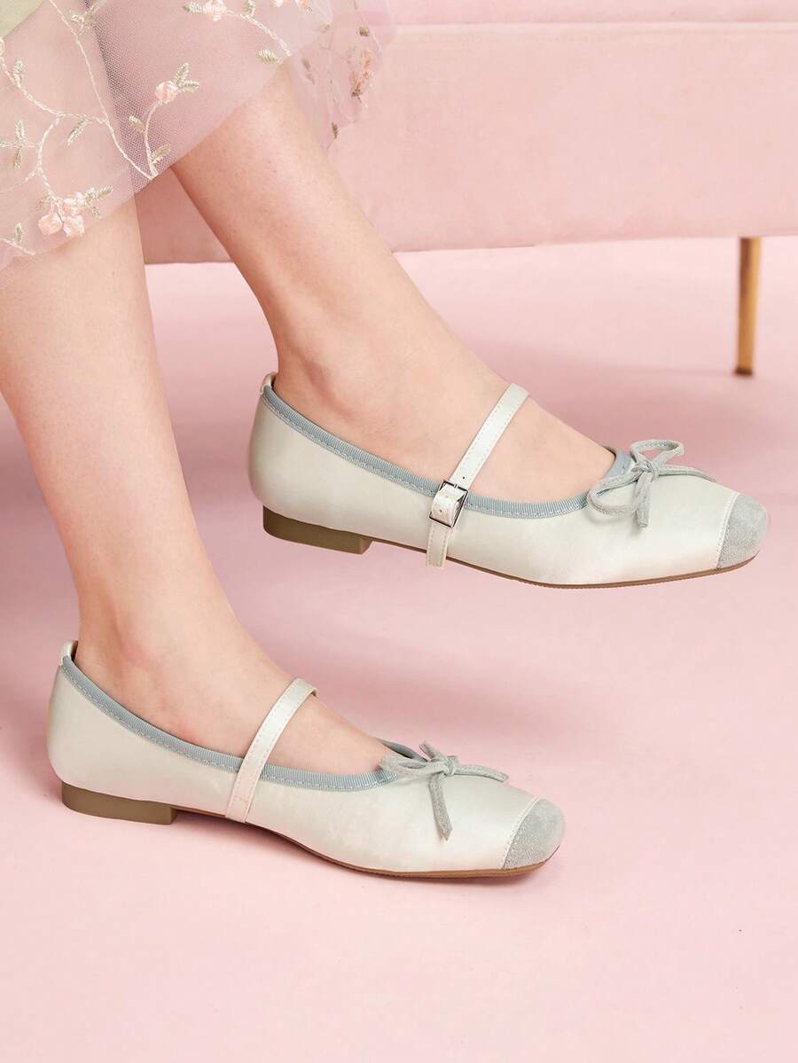 CUCCOO DOLLMOD 女士浅绿色丝绒蝴蝶结玛丽珍平底鞋，百搭、舒适又可爱，学院风情人节单品 - 淡綠色 - 查看 1