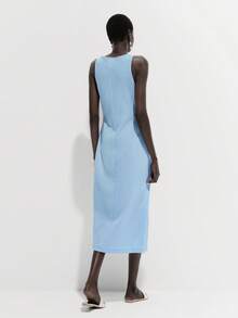 Lumivelle Women's Elegant Textured V-Neck Ruched Sleeveless Midi Dress, Suitable For Summer Vacation - Baby Blue - View 2