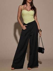 SHEIN BAE Áo liền thân ren không tay, dây mảnh, màu trơn dành cho nữ, dáng ôm sát và gợi cảm. - Vàng nhạt - Xem 3