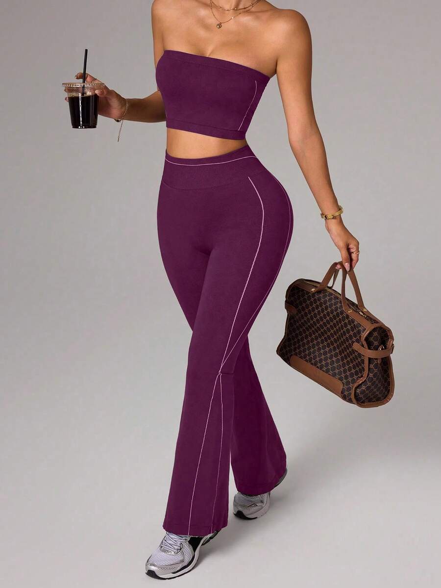 Dewbera Dewbera Ensemble de sport femme avec Top bandeau court et pantalon - Prune - Voir 1