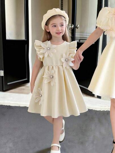 Young Girls Sleeveless Dress, Beige Bamboo Knot Floral Applique, Suitable For Spring And Summer