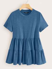SHEIN LUNE Áo thun nữ cỡ lớn, màu trơn, cổ tròn, tay ngắn, viền bèo nhún, kiểu dáng thường ngày. - Màu xanh lam - Xem 1