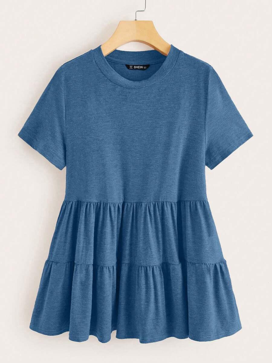 SHEIN LUNE Áo thun nữ cỡ lớn, màu trơn, cổ tròn, tay ngắn, viền bèo nhún, kiểu dáng thường ngày. - Màu xanh lam - Xem 1
