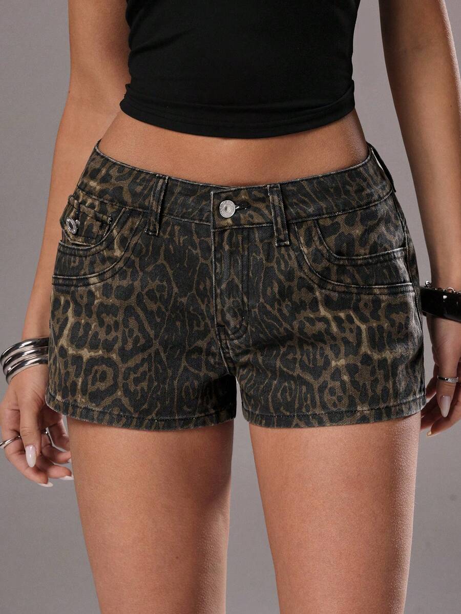 Quần short denim nữ mùa hè họa tiết da báo với túi xéo. - Nhiều màu - Xem 1